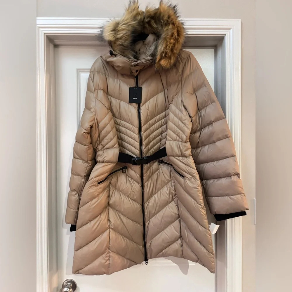 RUDSAK Taupe Quilted Down Coat with Fur-Trim Hood